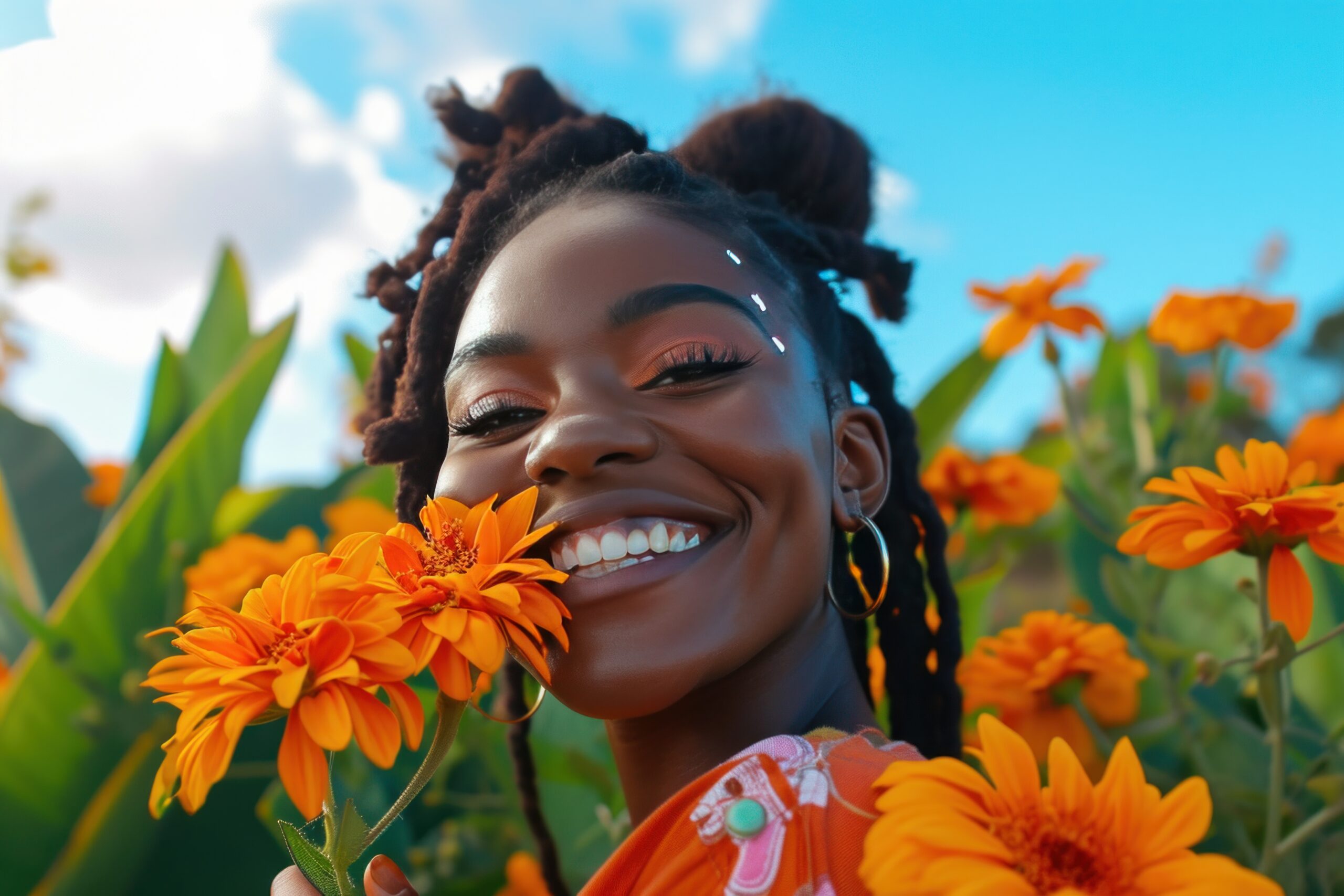 smiling african american woman holds up flower, A young woman smiling with flowers