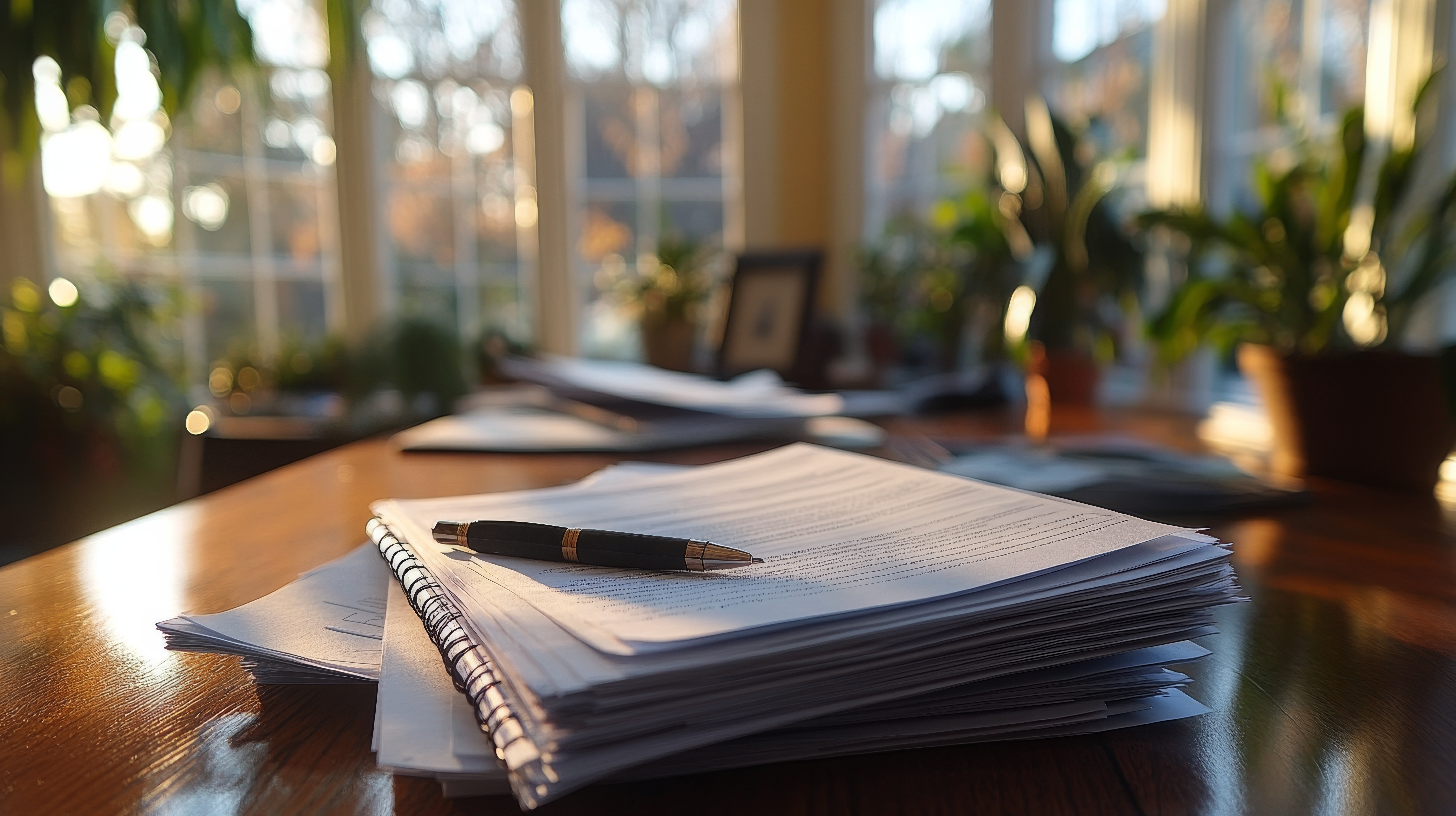 Cozy study corner featuring books, papers, and a decorative flower vase in warm afternoon light
