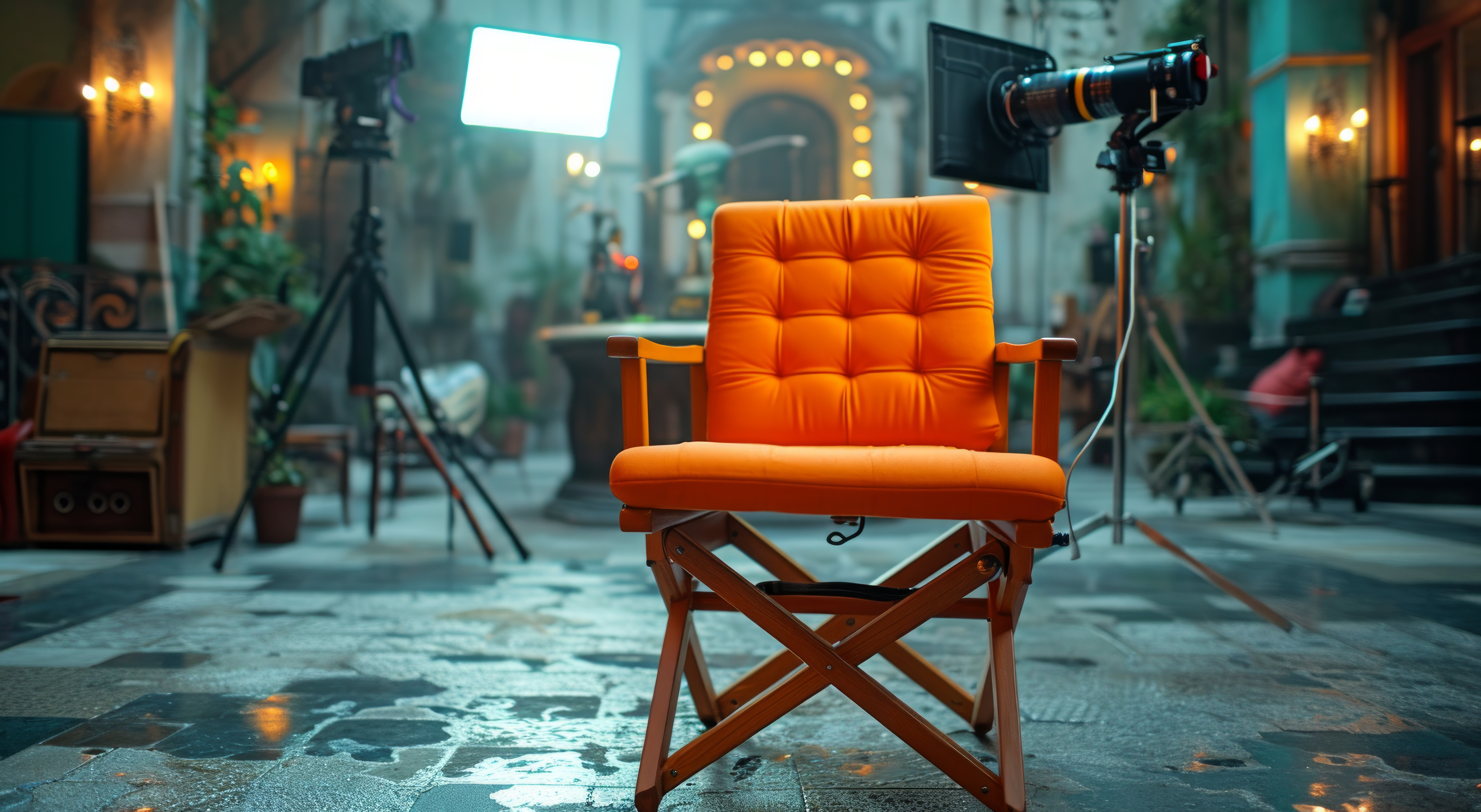 the back of an orange director’s chair,