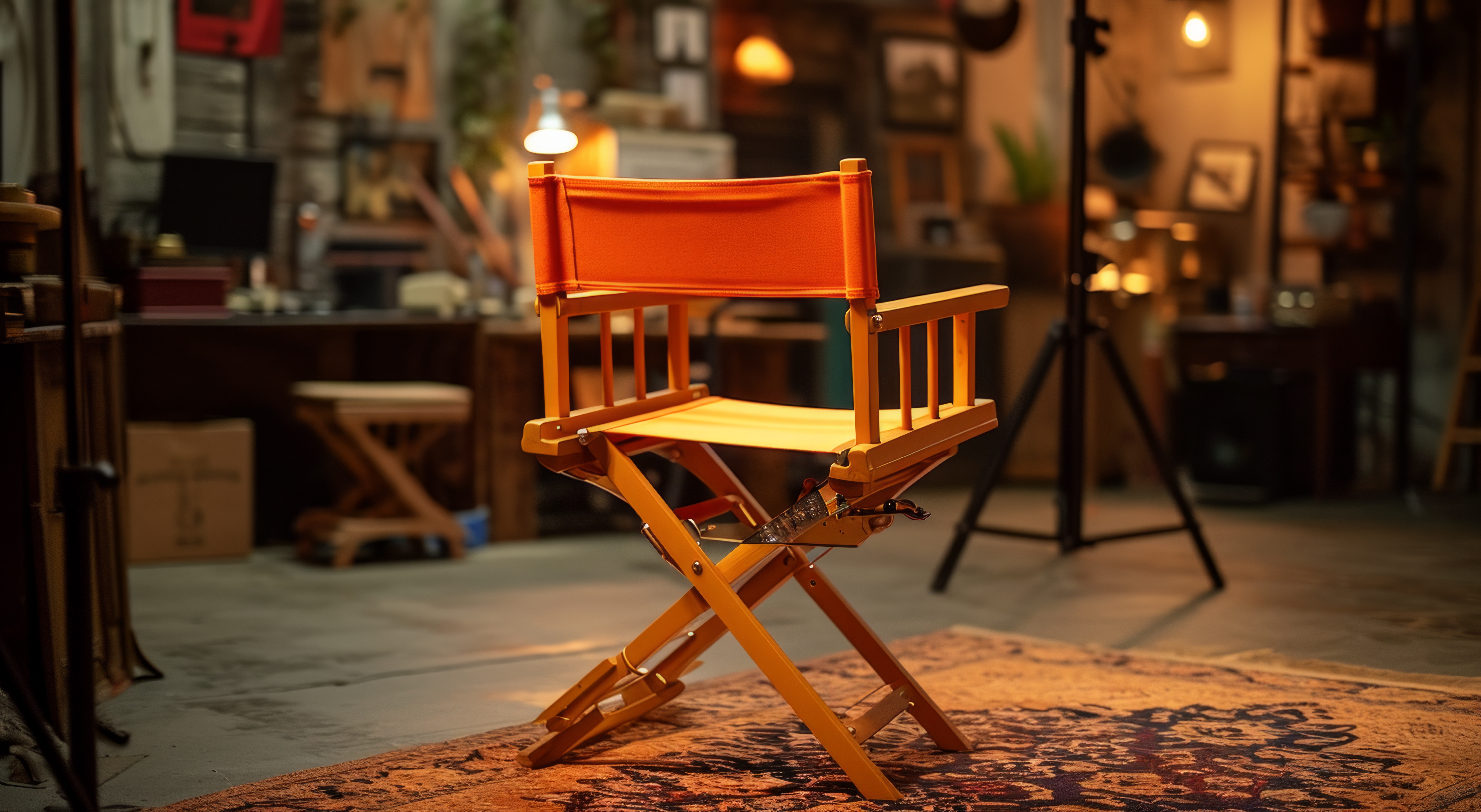 the back of an orange director’s chair,