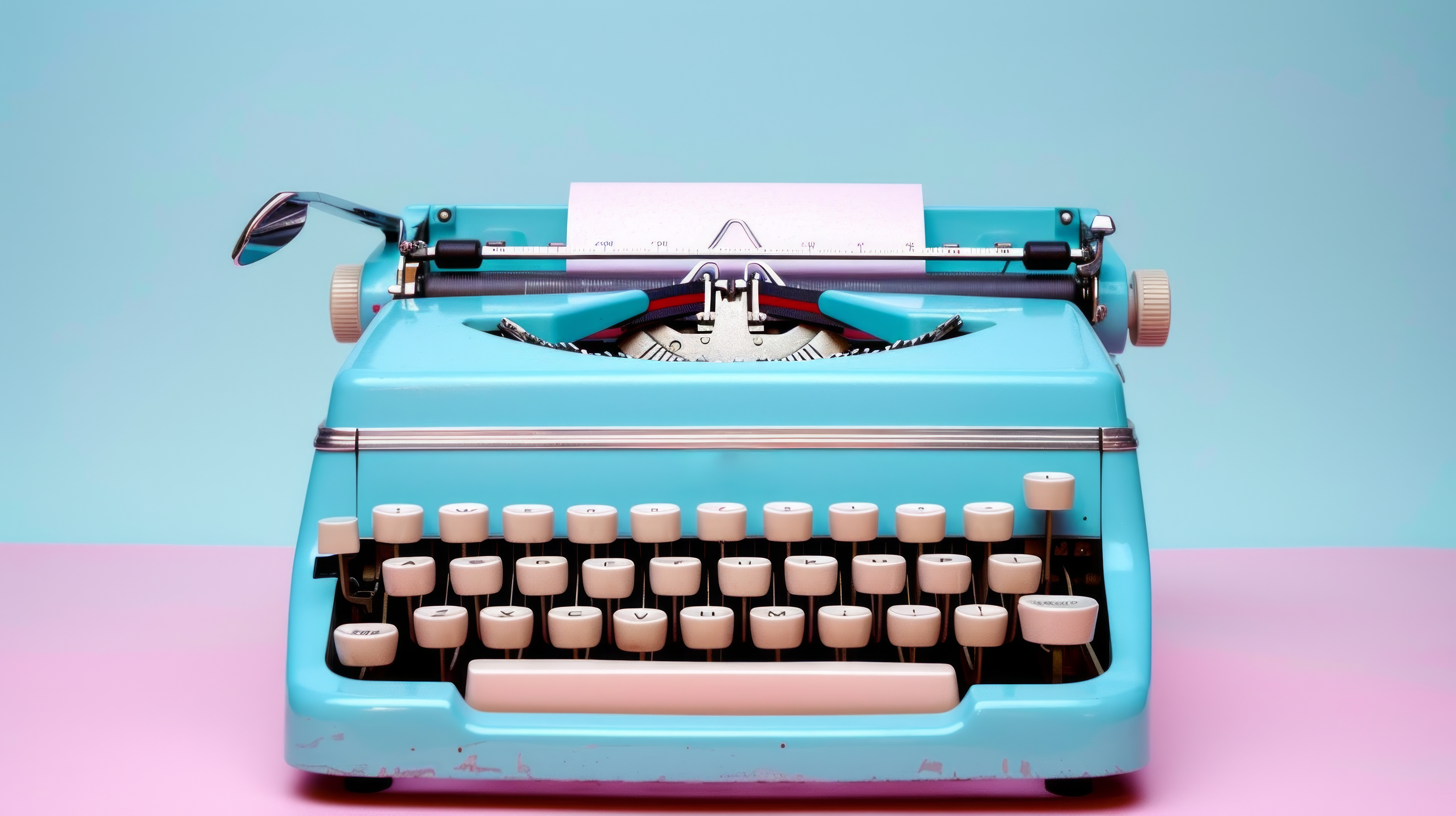 Retro blue typewriter with a sheet of paper. Vintage typing machine. Concept of writing, nostalgia, and old-fashioned technology